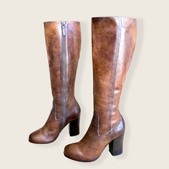 Frye Parker Tall Brown Leather Knee Length Vintage Heeled Round Toe Riding Boots - Picture 15 of 15